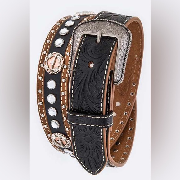 Men’s 2-Tone Black Genuine Leather Western Belt - Picture 1 of 1